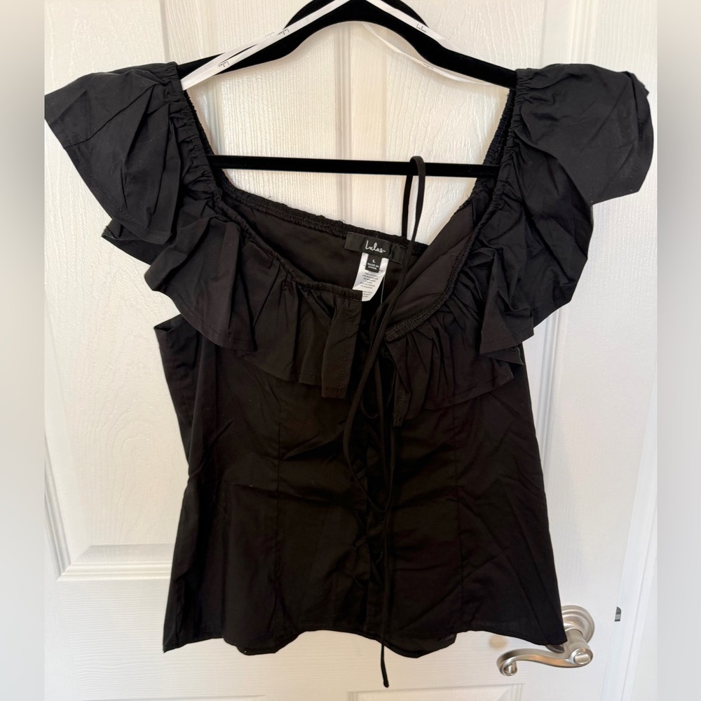 Lulu's Black Ruffle-Front Lace-Up Top - Picture 4 of 6